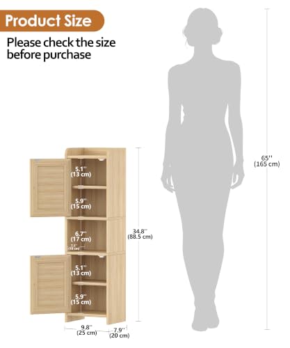9.8''W Rattan Small Bathroom Storage Cabinet 2 Doors Oak