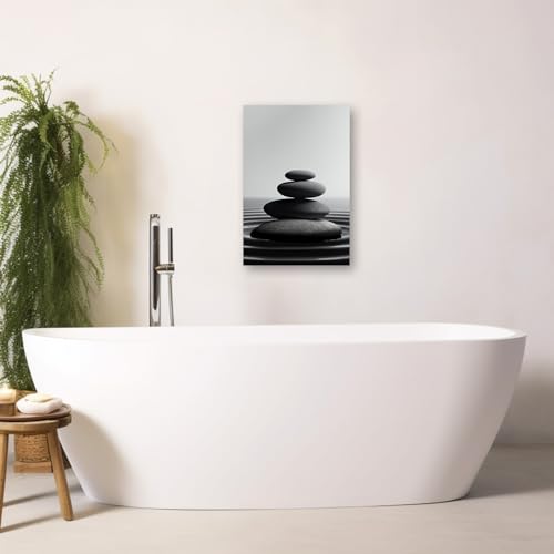 Zen Stone Canvas Wall Art Black and White Spa Stones Picture Print Modern Meditation Spirit Bathroom Decor Frame