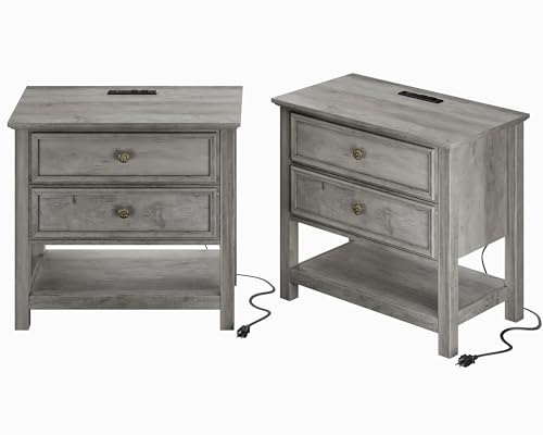 Set of 2 Large Nightstand with Charger Station
