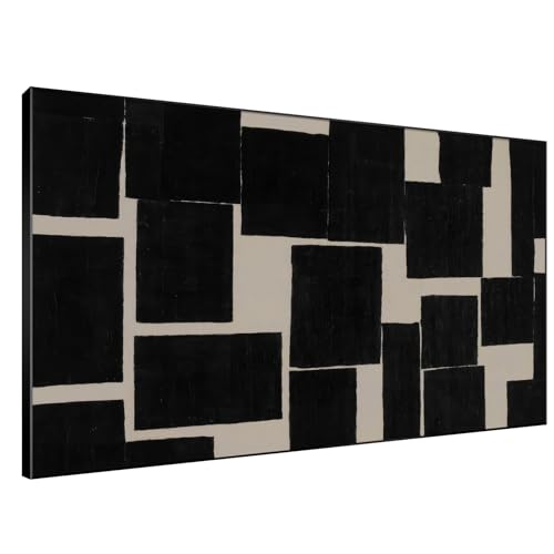 46"x72" Extra Large Framed Wall Art Modern Abstract Black and Beige Geometric Blocks for Home Living Room Bedroom Decor