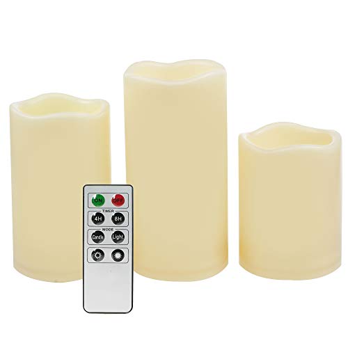Outdoor Battery Operated Flameless LED Pillar Candles Remote Timer 3 PCS