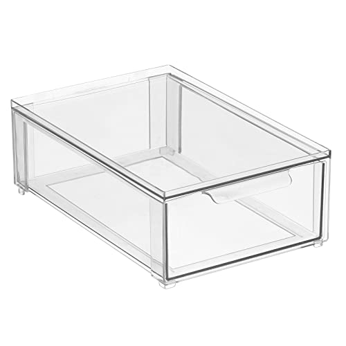 Plastic Stackable Bathroom Storage Organizer Bin Containers with Front Pull Drawer for Bathroom Countertop