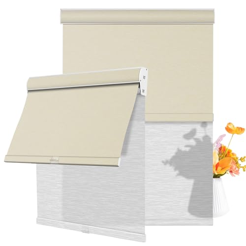 Cordless Dual Roller Shades.Beige and White.44 W x 48" H
