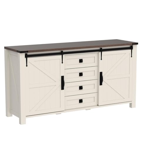 60 Inch Farmhouse Dresser with 4 Drawers and Sliding Barn Doors