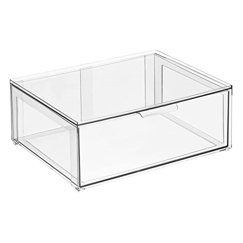 Plastic Stackable Bathroom Storage Organizer Bin Containers with Front Pull Drawer for Bathroom Countertop