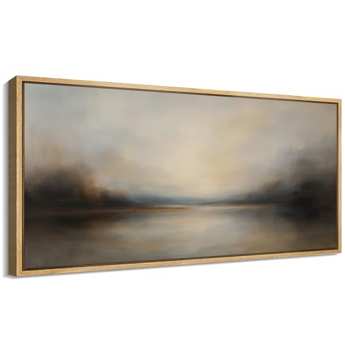 Extra Larg Framed Canvas Print Wall Art Abstract Landscape Neutral Tones Misty Horizon Illustrations Decorative Colorful for Bedroom