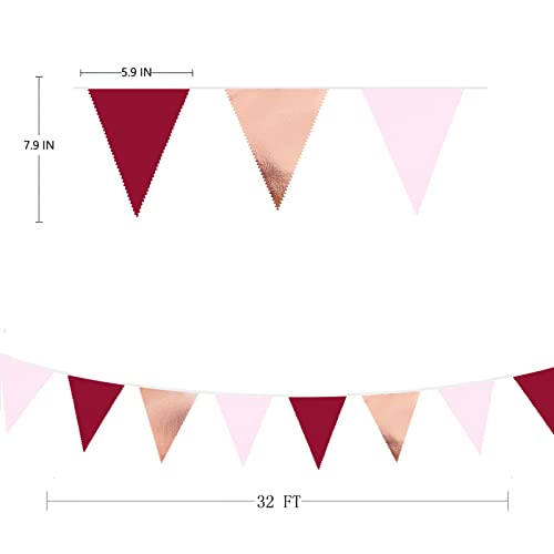 Burgundy Party Decorations Rose Gold Maroon Pink Fabric Triangle Pennant Banner Pink Garnet Flag Bunting Garland for Graduation Wedding Birthday Bridal Shower Bachelorette Anniversary Party Supplies (36 Count)