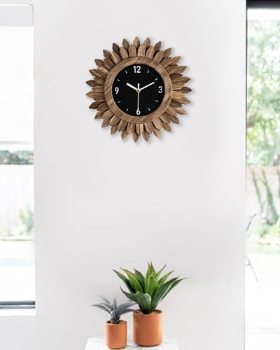 Wall Clock Battery Operated 12 in Rustic Wood Boho Sunburst Decorative Wall Clock Silent Non Ticking Farmhouse Small Wall Clocks for Living Room Kitchen Bathroom Bedroom Decor