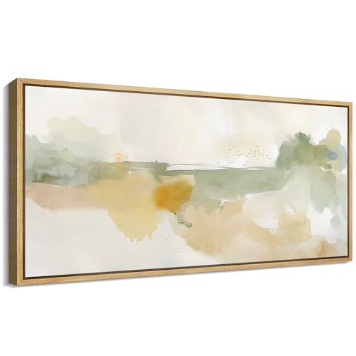 Extra Large Framed Canvas Print Wall Art Serene Watercolor Landscape in Green and Yellow Tones Antique Retro Fine Art Illustrations Decorative Colorful for Bedroom