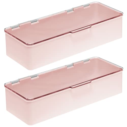 Long Plastic Cosmetic Storage Organizer Box Containers with Hinged Lid for Bedroom (2 Count)