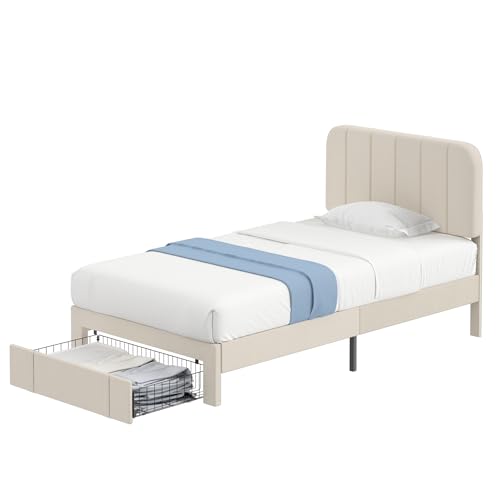 Twin Size Upholstered Bed Frame with Drawer and Headboard
