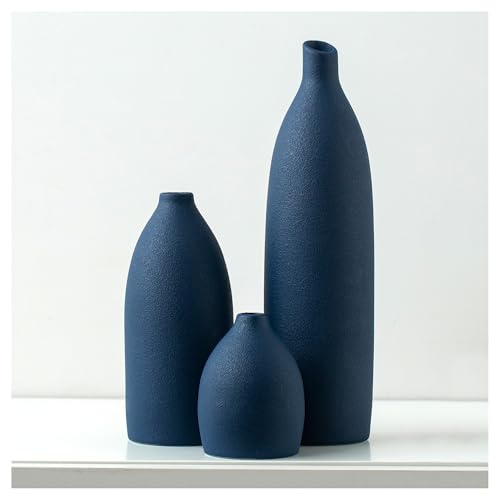 Matte Blue Vase Set Navy Blue Decor Coastal Decor Vases for Kitchen Island Living Room Office Table Fireplace Mantle Decorations & Bathroom Shelf Decor Centerpiece Table Decorations Ceramic (3 Count)