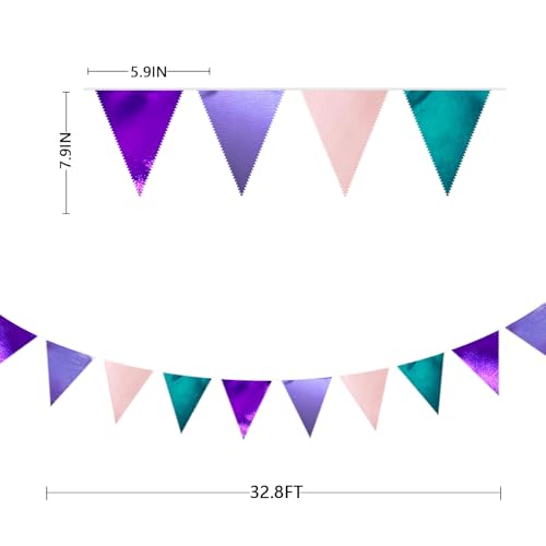 Mermaid Party Decorations Purple Pink and Teal Aqua Metallic Fabric Triangle Pennant Banner Flag Bunting Garland for Mermaid Under the Sea Birthday Wedding Baby Shower Engagement Party Supplies (32 Foot)