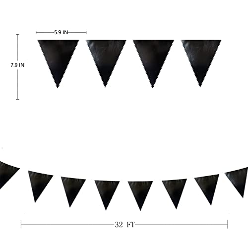 Black Party Decorations Triangle Pennant Banner Flag Black Metallic Fabric Bunting Garland for Graduation Birthday Wedding Engagement Bachelorette Holiday Halloween Celebration Hen Party Supplies (32 Foot)