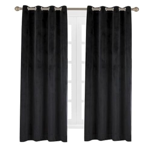 Set of 2 Velvet Thermal Blackout Curtain Panel Drapes Grommet Draperies Eyelet 52Wx63L inch Black (2 Count)