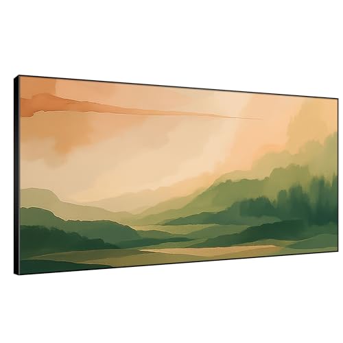 24"x46" Extra Large Framed Wall Art Serene Green Mountains Horizon Landscape Illustration for Home Living Room Bedroom Decor