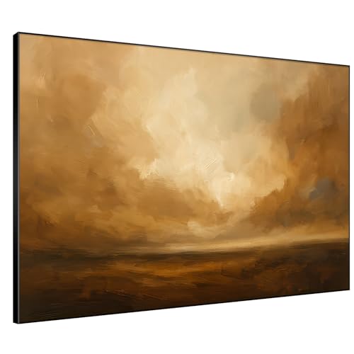 46"x60" Extra Large Framed Wall Art Golden Horizon Abstract Landscape Warm Brown and Amber Sky Illustration for Home Living Room Bedroom Decor