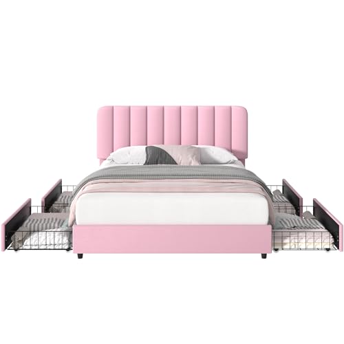 Full Size Upholstered Bed Frame with 4 Drawers and Headboard