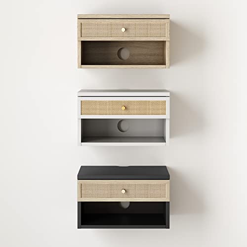 Jackson Wall Mounted Rattan Floating Bedroom Nightstand with Storage Drawer and Modern Open Shelf Cubby