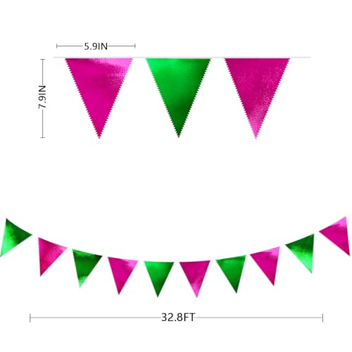 Pink and Green Party Decorations Metallic Hot Pink Light Green Fabric Triangle Pennant Banner Flag Bunting Garland for Witches Theme Birthday Wedding Baby Shower Engagement Bachelorette Party Supplies (36 Count)