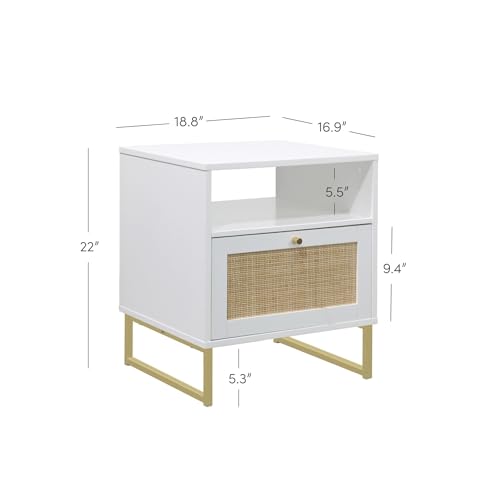 Mina Side End or Accent Table in a Matte White Finish & Brass Gold Legs with Natural Rattan Storage Door for Living Room or Nightstand for Bedroom