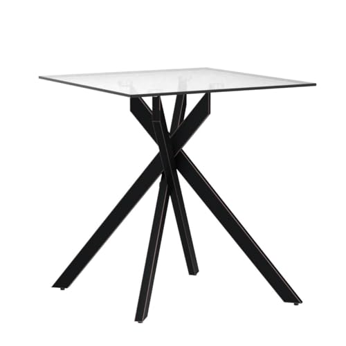 Black Square Glass Side & End Table with Grey Tempered Glass Top and Black Metal Tubular Legs with Gold Rim 20”Dx20”Wx22”H
