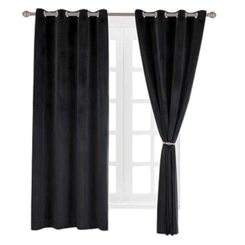 Set of 2 Velvet Thermal Blackout Curtain Panel Drapes Grommet Draperies Eyelet 52Wx96L inch Black