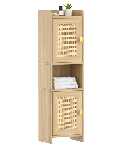 9.8''W Rattan Small Bathroom Storage Cabinet 2 Doors Oak