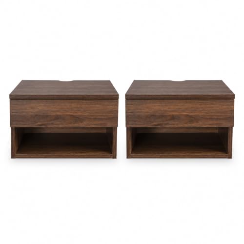 Jackson Wall Mounted Floating Bedroom Nightstand with Storage Drawer and Modern Open Shelf Cubby Set of 2
