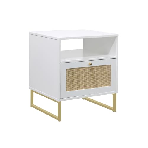 Mina Rattan Wood End Side Accent Table Nightstand with Storage for Living Room or Bedroom