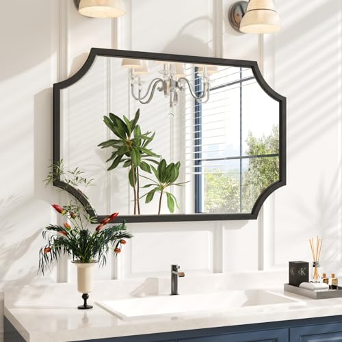 24"x36" Sleek Black Metal Scalloped Decorative Wall Mirror