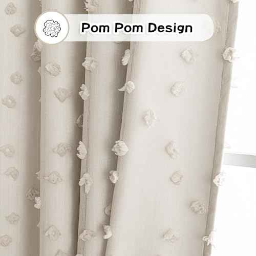 100% Blackout Curtains for Nursery Thermal Insulated Beige Pom Pom Curtain 72 Inch Length for Girls Bedroom 2 Panels Grommet White Sheer Drapes for Kitchen Dining Room Door (2 Count)