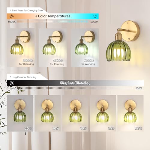 Battery Operated Vintage Wall Sconces with Green Tulip Glass Lampshade Battery Powered Wall Lighting for Bedside Bedroom Doorway