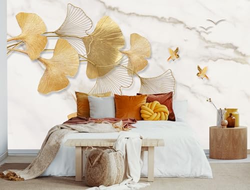 Golden Ginkgo Leaves Wall Mural Fake Marble Wallpaper