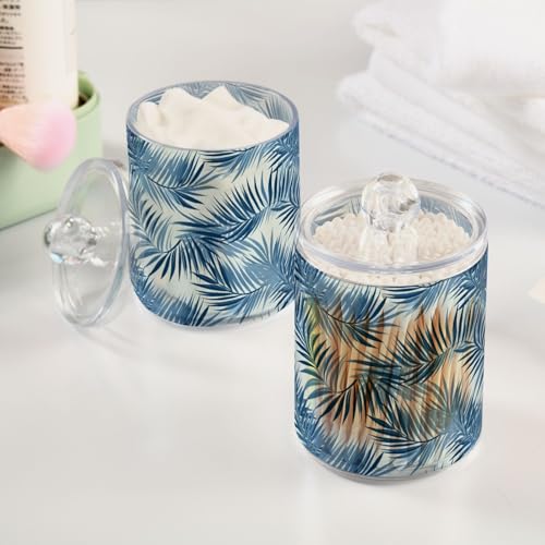 2 Pack Qtip Holder Organizer Dispenser Blue Tropical Leaves Bathroom Storage Canister Cotton Ball Holder Container for Cotton Pads (2 Count)