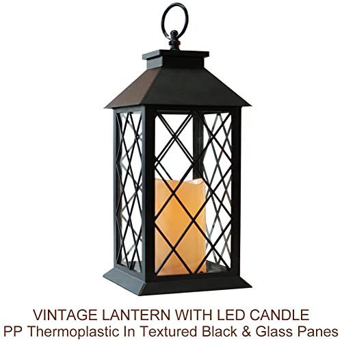 13.5" Black Vintage Candle Lantern with LED Pillar Candle and Timer