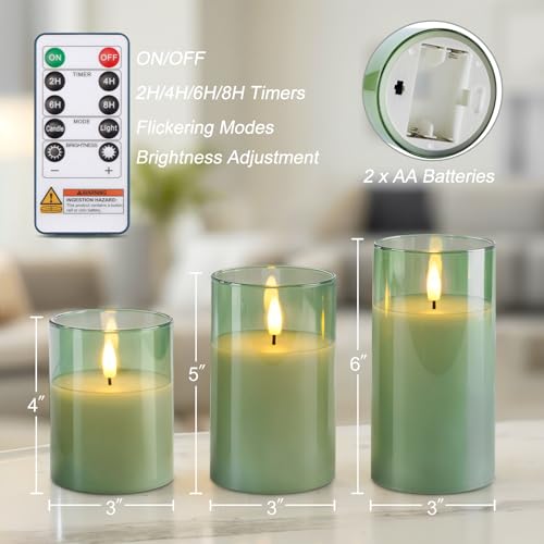Sage Green Glass Flameless Candles (3 Count)
