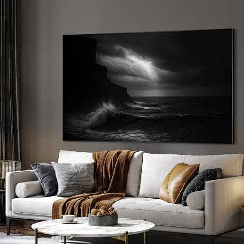 46"x72" Extra Large Framed Wall Art Dramatic Black and White Ocean Waves with Cliff and Stormy Sky for Home Living Room Bedroom Decor