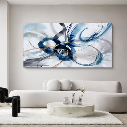 Large Abstract Canvas Art Elegant Combination of Tones Modern Living Room Wall Decor Black and White Gray Background Blue Gradient Picture