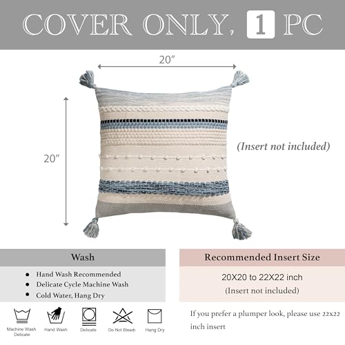 Coastal Blue Boho Decorative Throw Pillow Cover 20x20 Modern Bohemian Accent Pillow Case Square Woven Textured Farmhouse Pillows for Couch Bed
