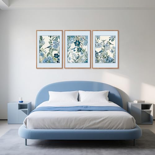 3 Pcs Blue Birds Flowers Framed Canvas Wall Art 24x36 Inch