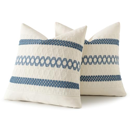 Set of 2 Coastal Blue Boho Decorative Pillow Covers 16x16 Inch (2 Count)