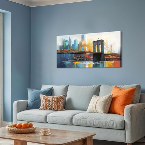 Cityscape Wall Art New York City Canvas for Living Room Painting Brooklyn Bridge Manhattan Bedroom Wall Art for Men Modern Blue Picture Grey Artwork Large Framed Home Office Wall Decor 40"x20"