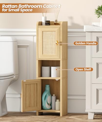 9.8''W Rattan Small Bathroom Storage Cabinet 2 Doors Oak