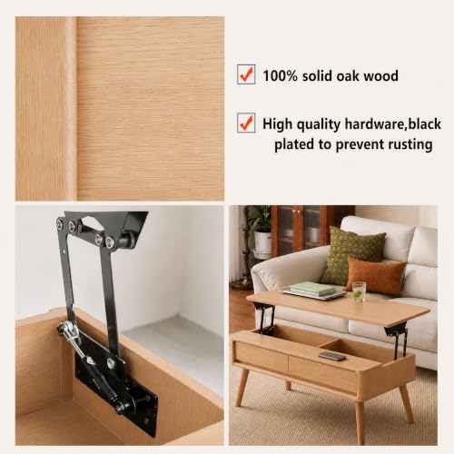 Solid Oak Wood Lift Top Coffee Table for Living Room