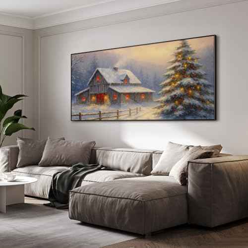 36"x72" Extra Large Framed Wall Art Rustic Winter Cabin with Christmas Tree and Snowy Landscape for Home Living Room Bedroom Decor