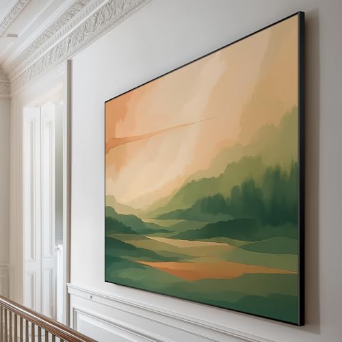 60"x72" Extra Large Framed Wall Art Serene Green Mountains Horizon Landscape Illustration for Home Living Room Bedroom Decor