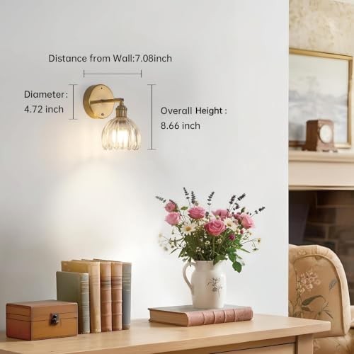 Battery Operated Vintage Wall Sconces with Transparent Tulip Glass Lampshade Battery Powered Wall Lighting for Bedside Bedroom Doorway