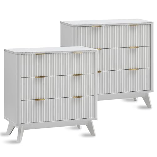 32" Large Fluted Nightstand with 3 Drawers Set of 2 (2 Count)