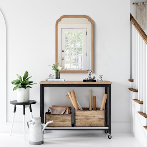Wood Frame Wall Mirror Rounded Corner Arch Rectangle Mirror for Entryway